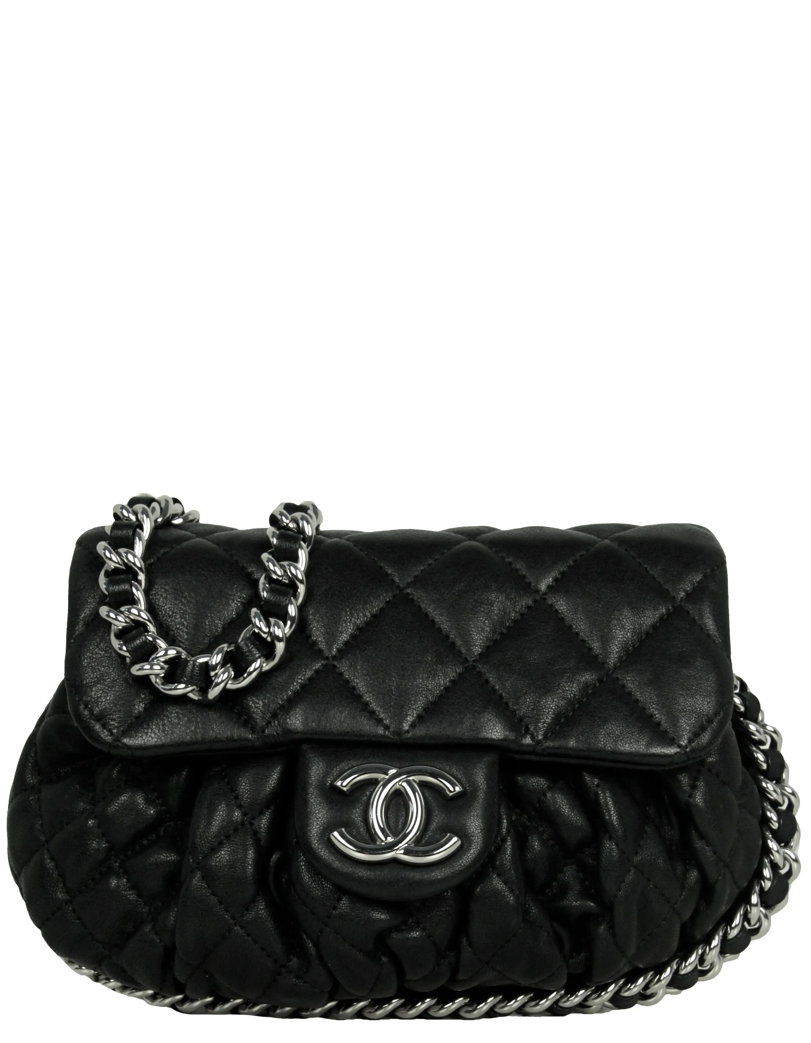 Chanel Black Washed Lambskin Quilted Mini Chain Around Flap Bag