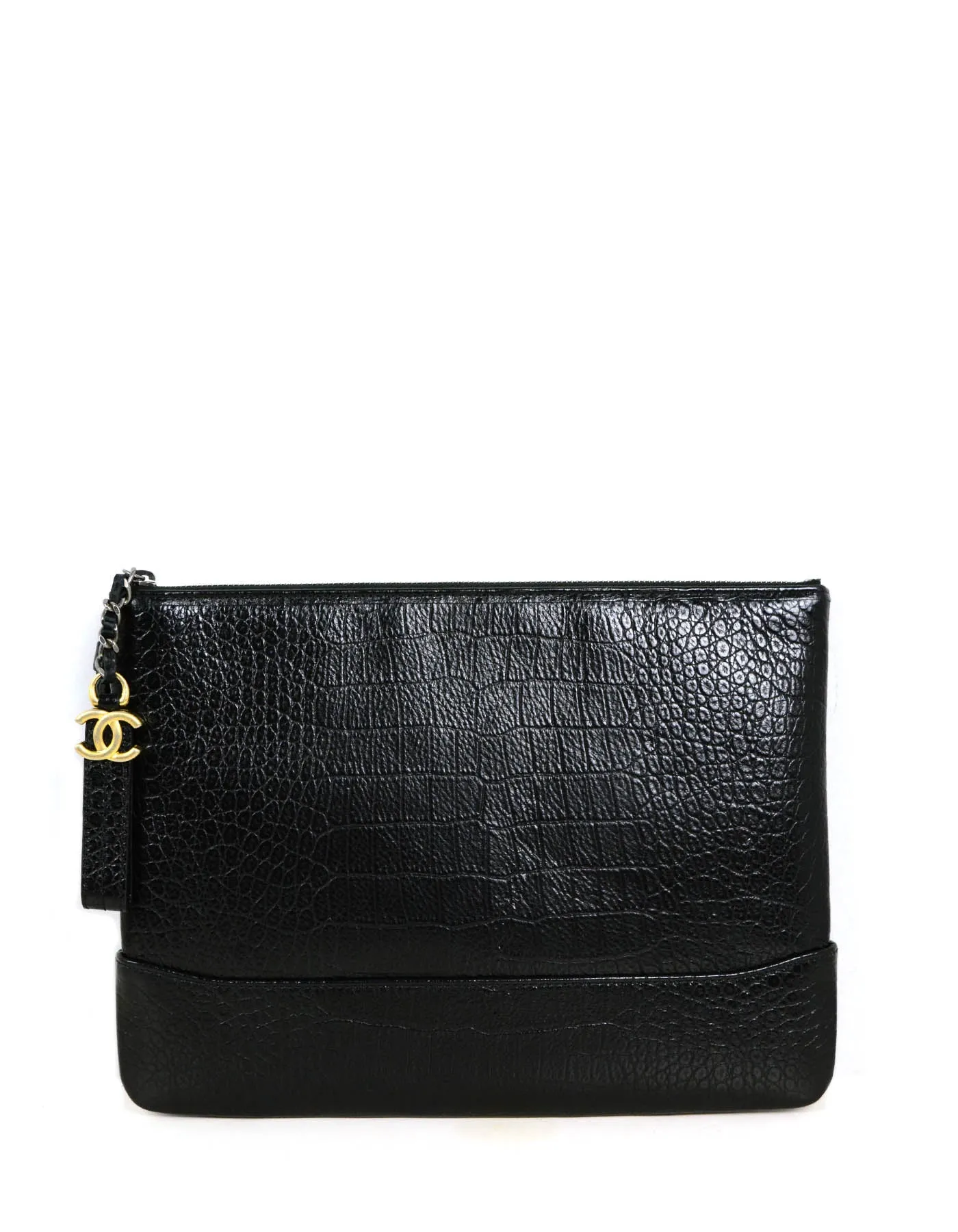 Chanel NEW Black Crocodile Embossed Gabrielle Wristlet Bag