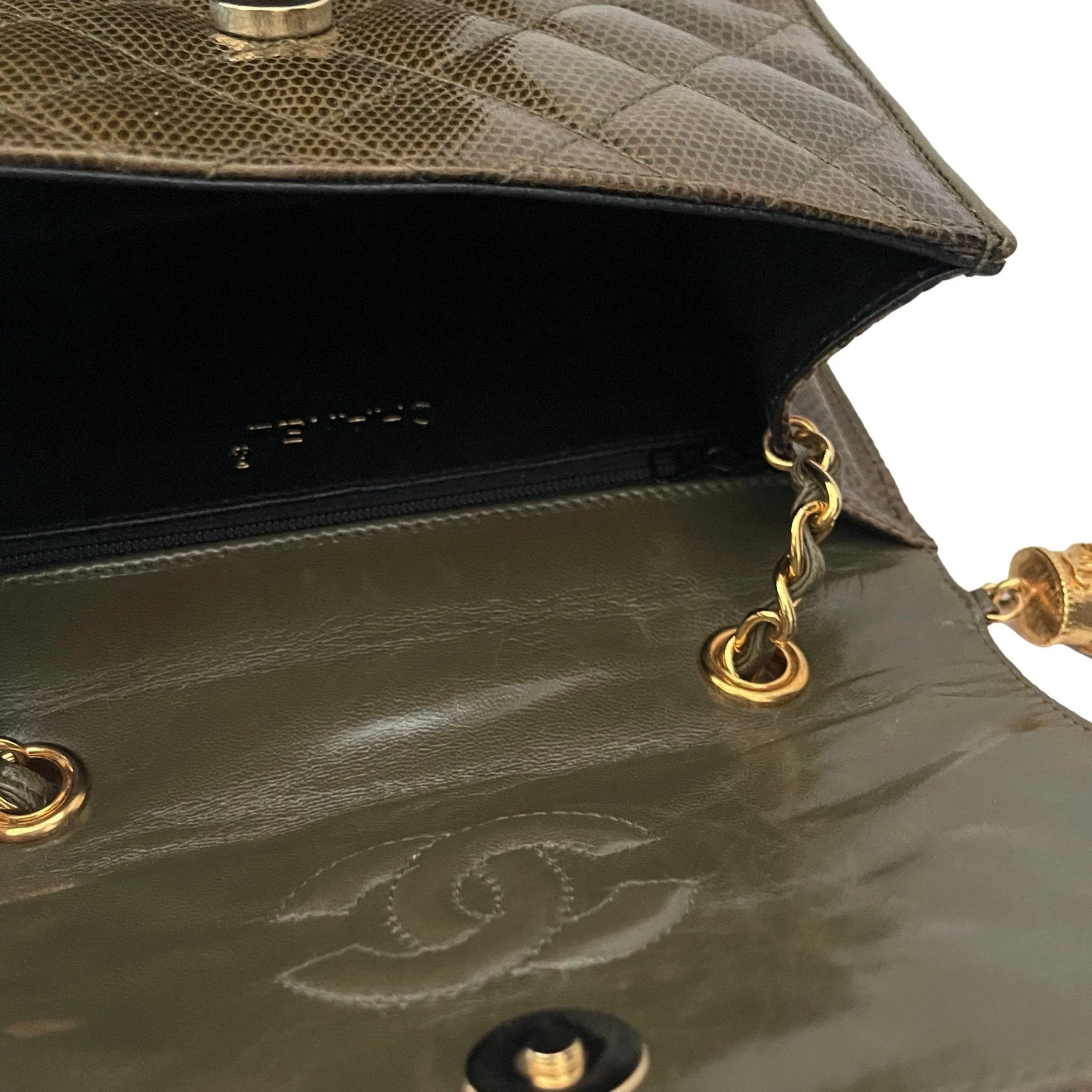 Chanel Olive Lizard Quilted Chain Bag