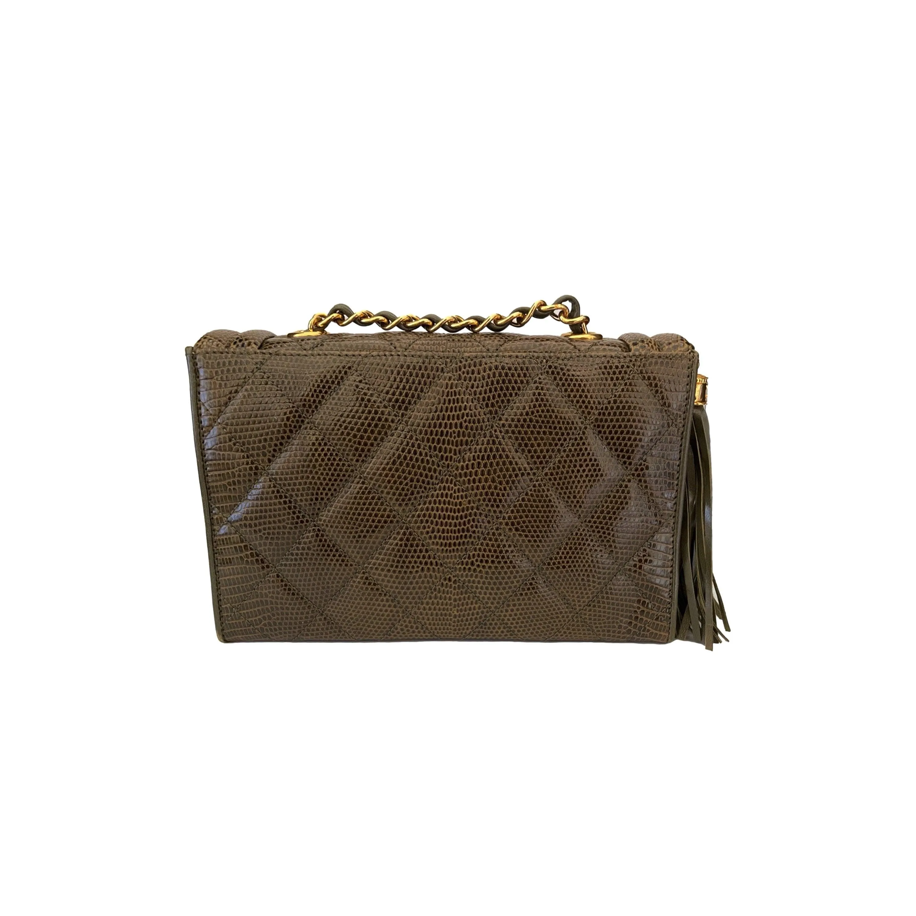 Chanel Olive Lizard Quilted Chain Bag