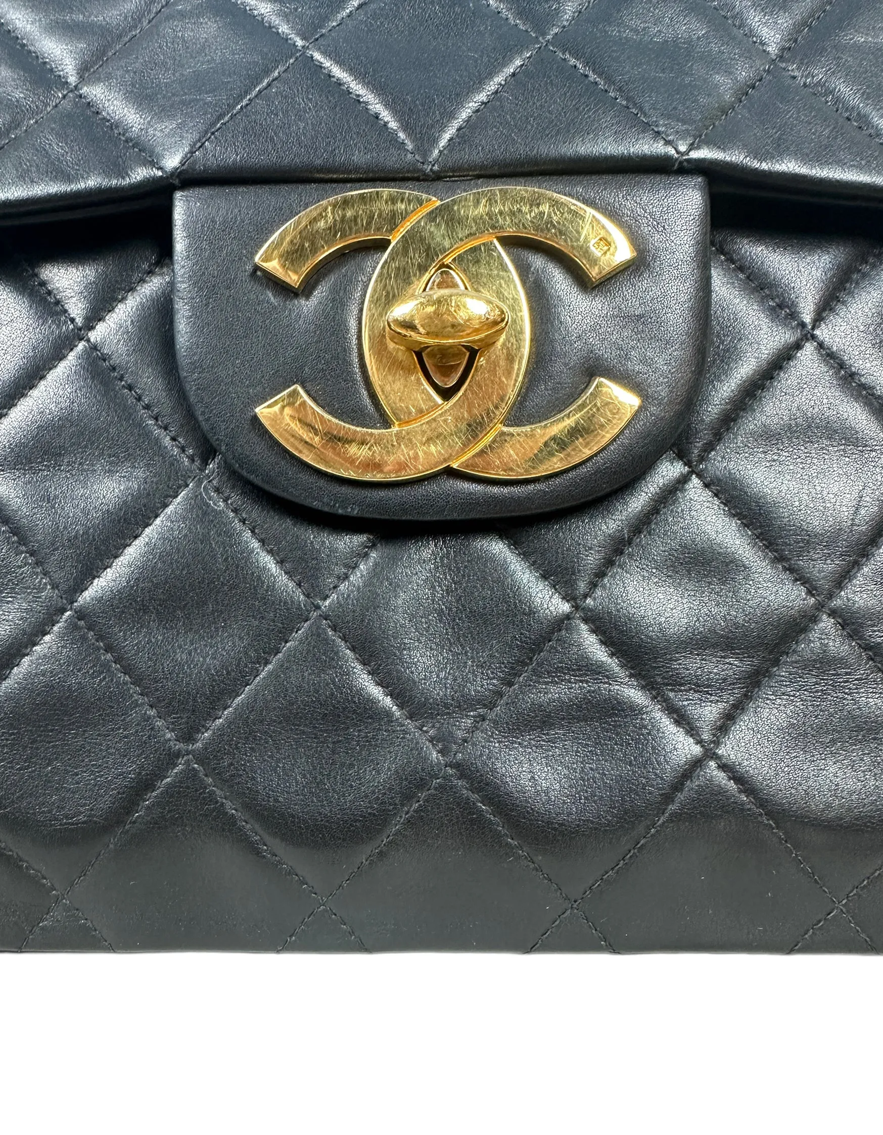 Chanel Vintage 1990s Black Lambskin Leather XL Jumbo Flap Bag
