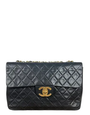 Chanel Vintage 1990s Black Lambskin Leather XL Jumbo Flap Bag