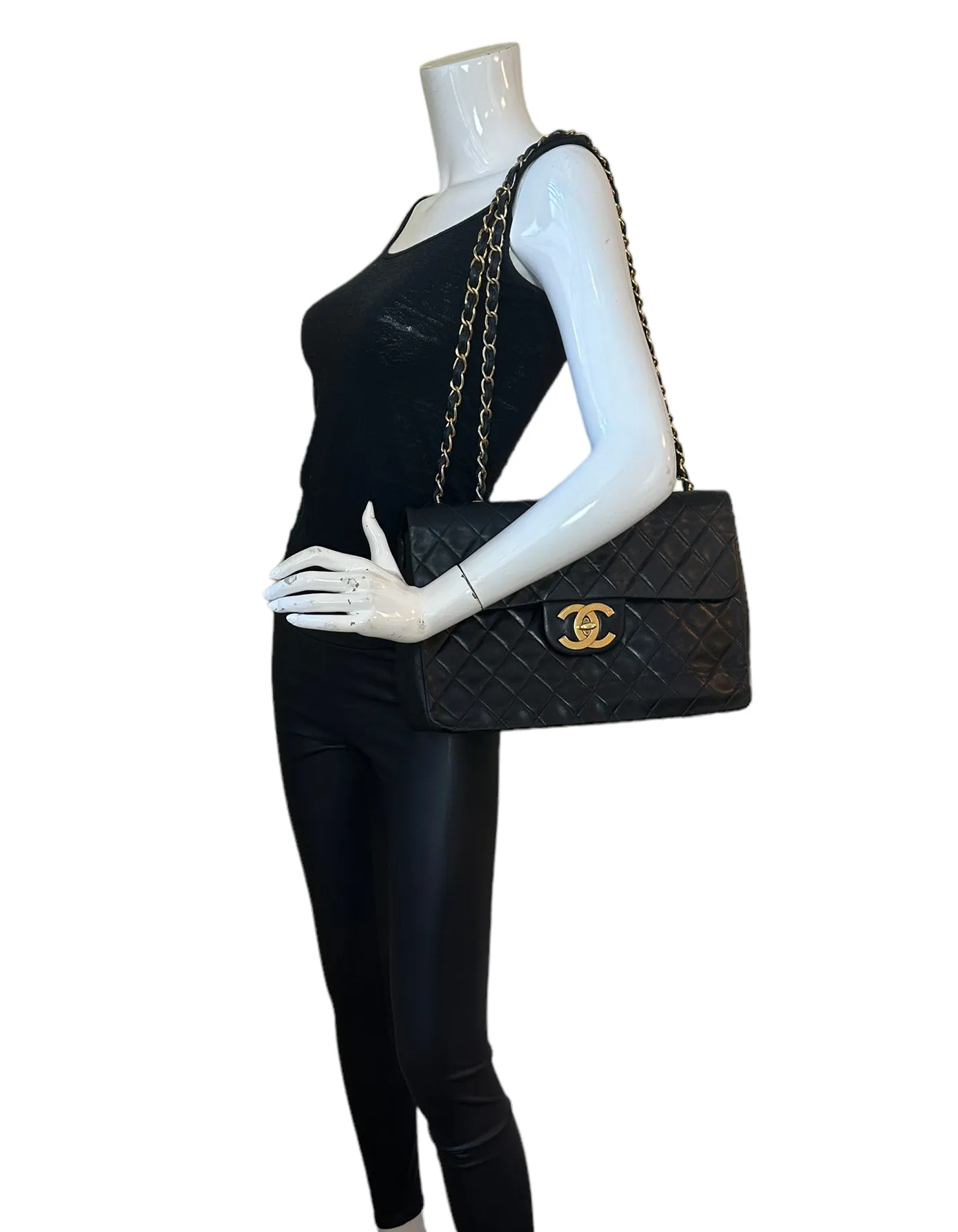 Chanel Vintage 1990s Black Lambskin Leather XL Jumbo Flap Bag