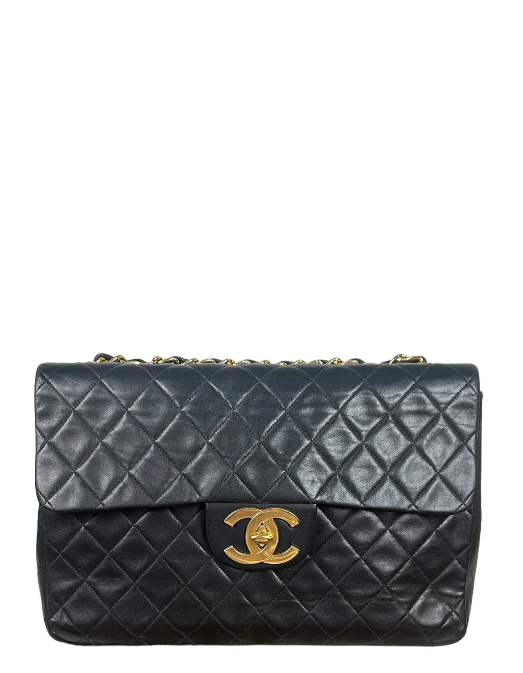 Chanel Vintage 1990s Black Lambskin Leather XL Jumbo Flap Bag