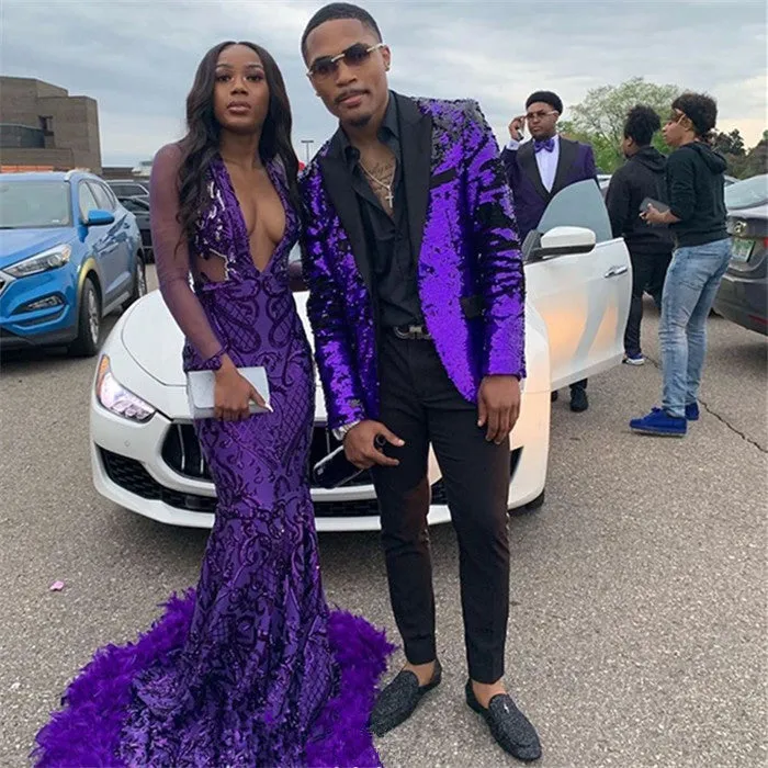 Classic Purple Sequined Men's Suit Two Piece Slim Fit Men's Prom Suits