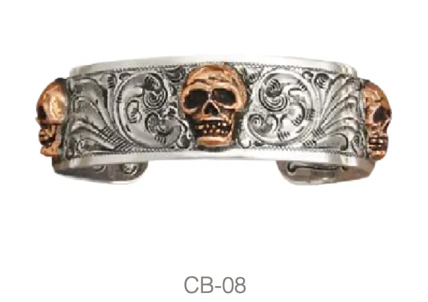 Cuff, Sterling Silver with Copper Skulls, Hand Engraved CB-08