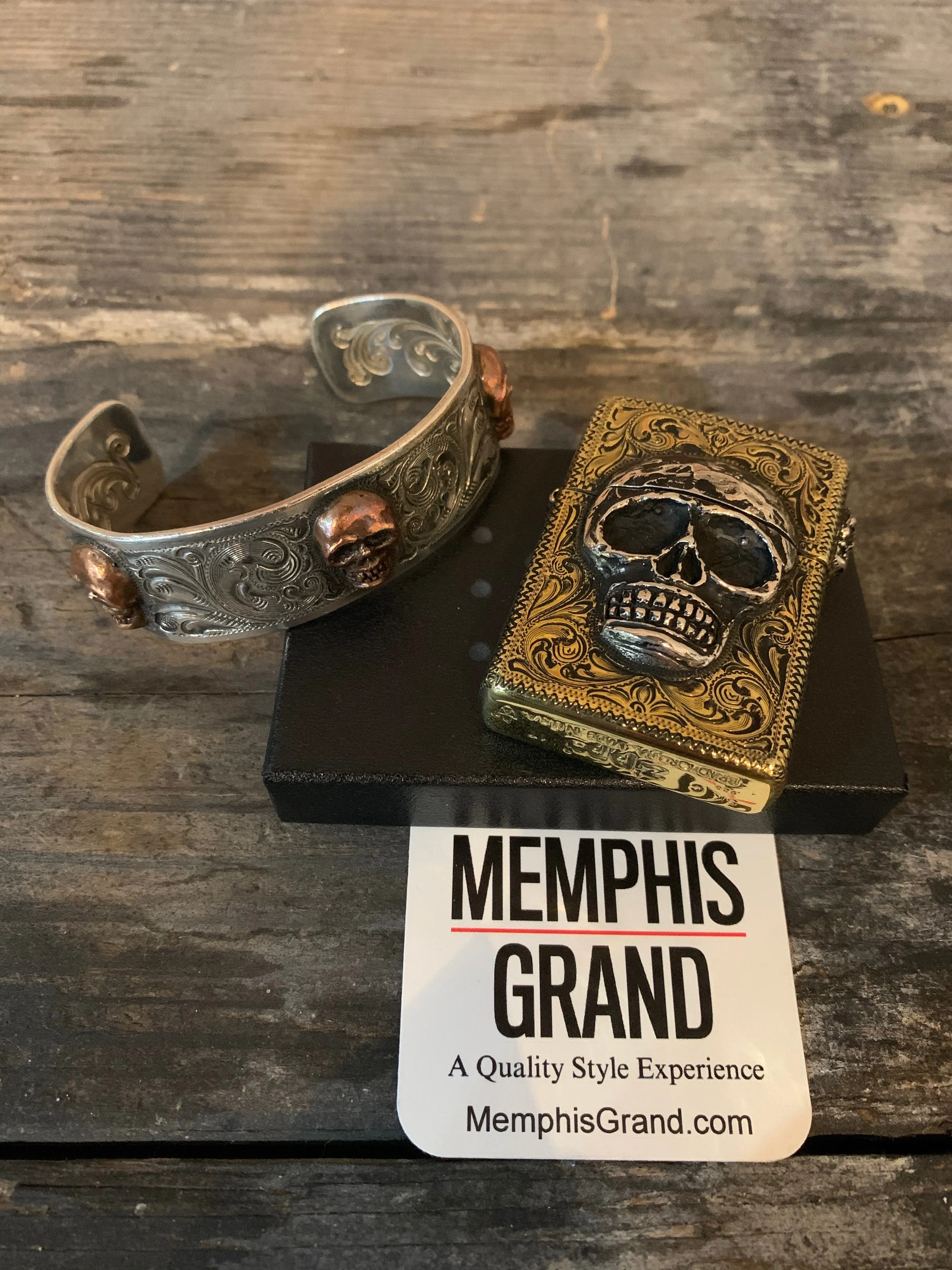 Cuff, Sterling Silver with Copper Skulls, Hand Engraved CB-08