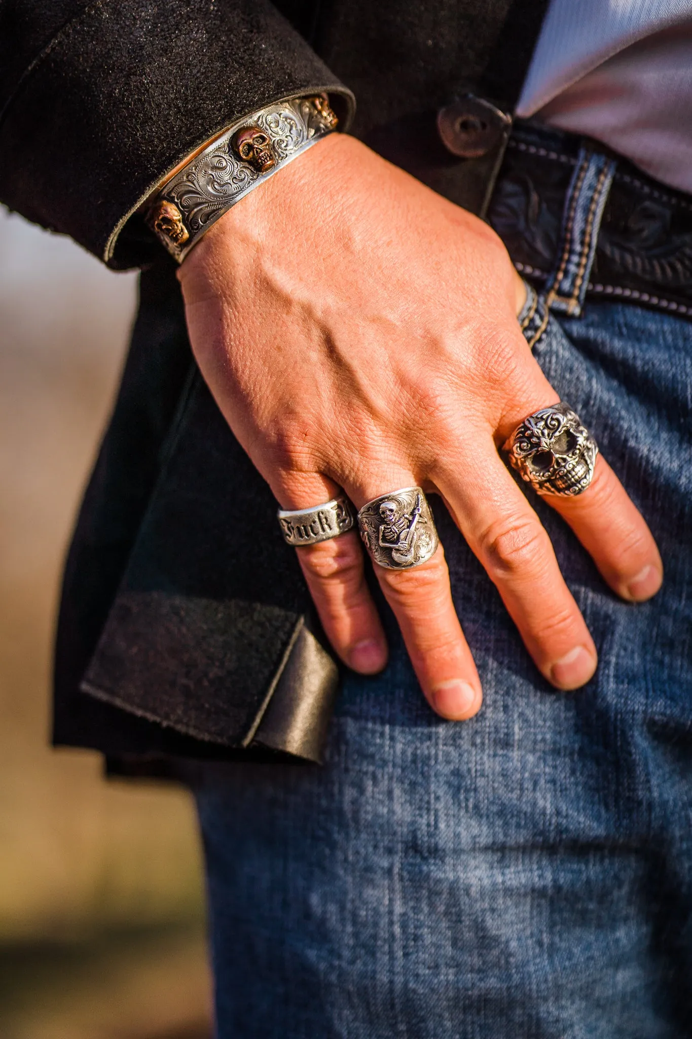 Cuff, Sterling Silver with Copper Skulls, Hand Engraved CB-08
