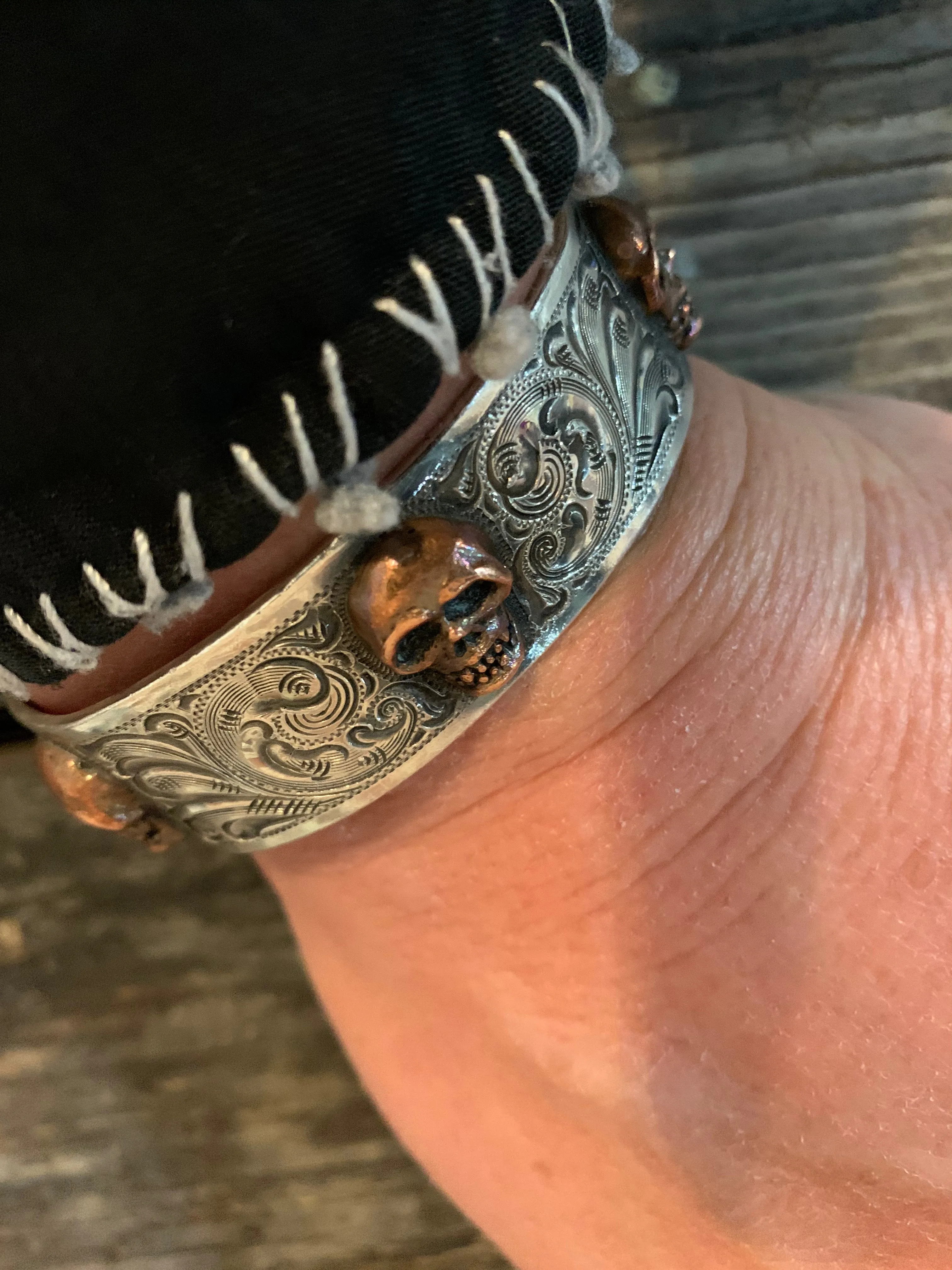 Cuff, Sterling Silver with Copper Skulls, Hand Engraved CB-08