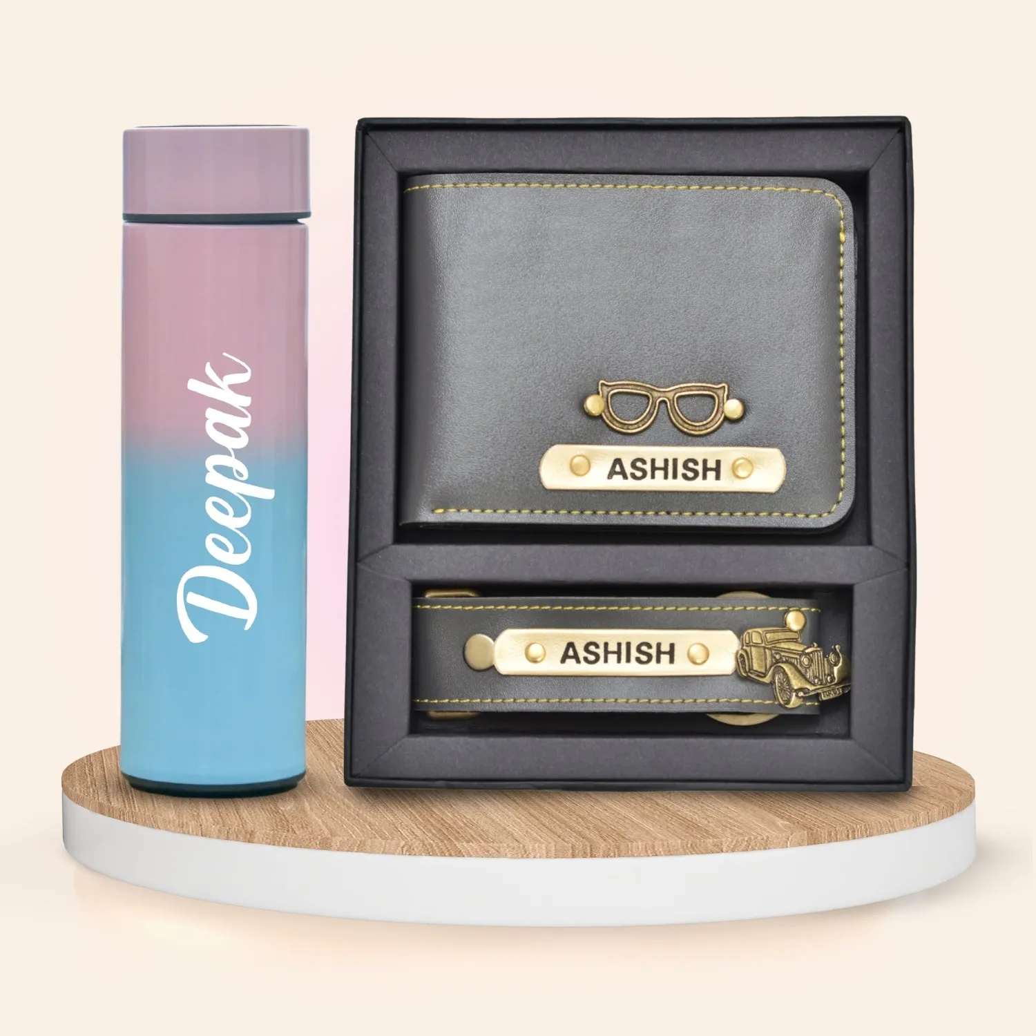 Customized Bottle with Temperature display - Pastel Shade 1 & All in One Men's Combo (2 pcs) - Grey