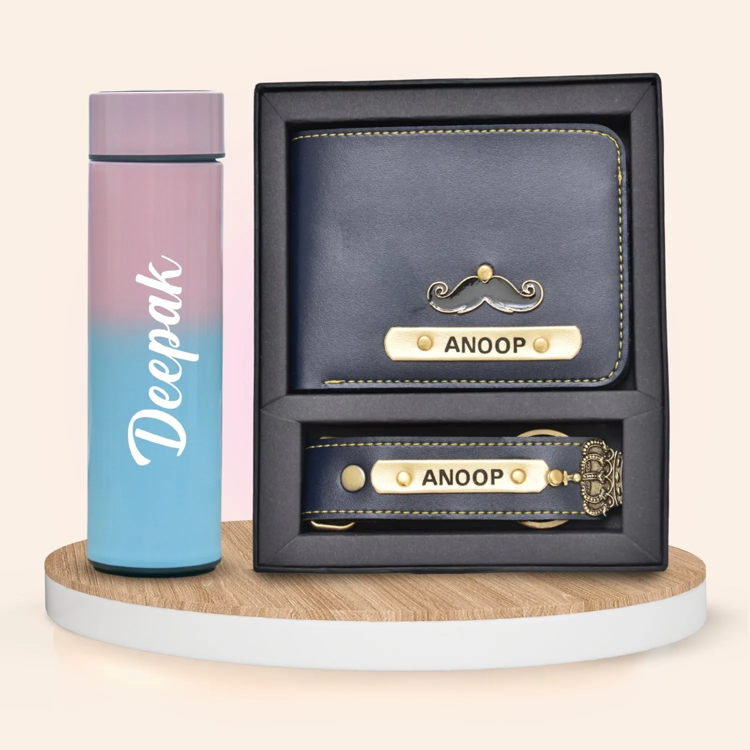 Customized Bottle with Temperature display - Pastel Shade 1 & All in One Men's Combo (2 pcs) - Royal Blue