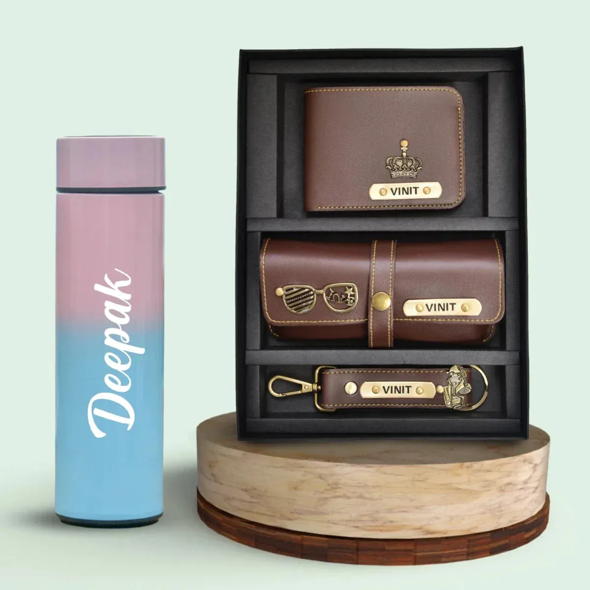 Customized Bottle with Temperature display - Pastel Shade 1 & All in One Men's Combo (3 pcs) - Brown