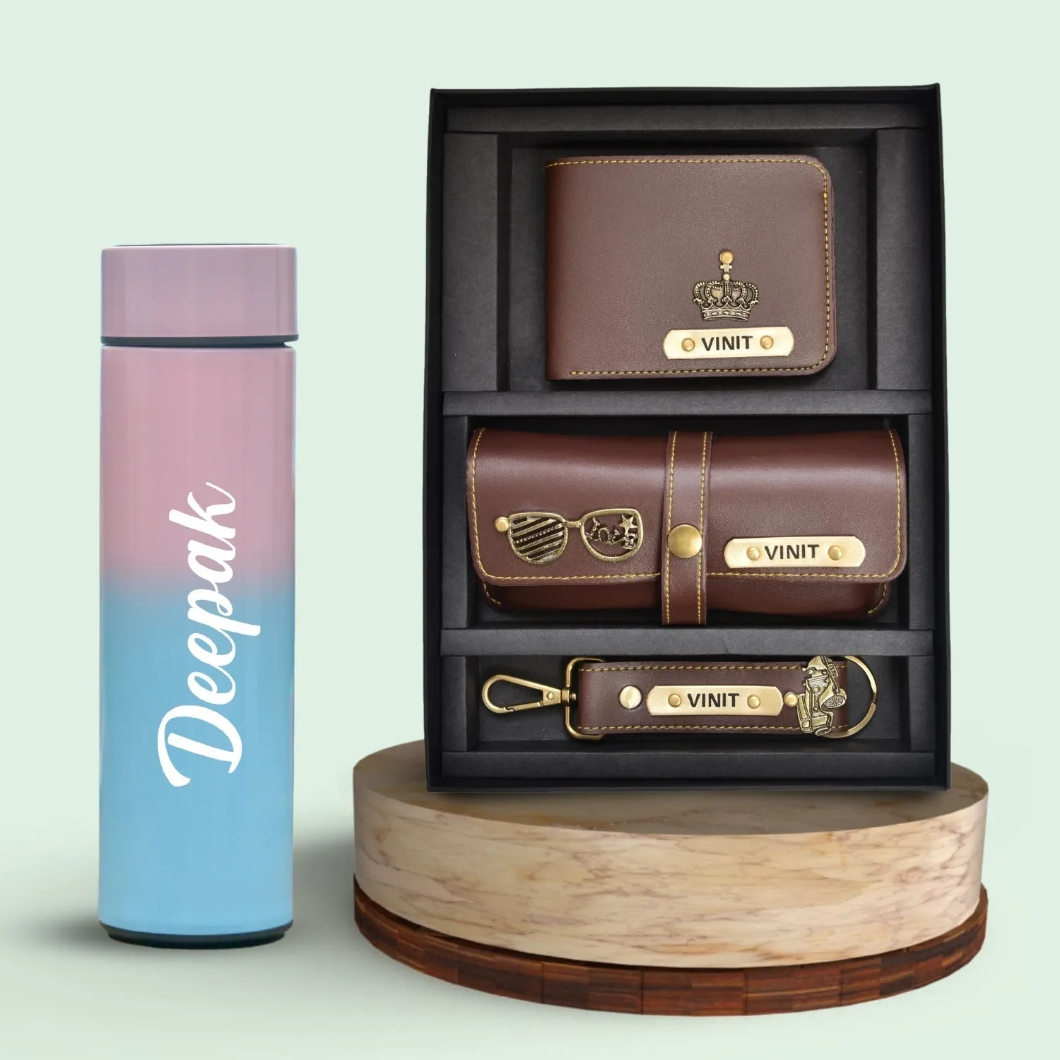 Customized Bottle with Temperature display - Pastel Shade 1 & All in One Men's Combo (3 pcs) - Brown