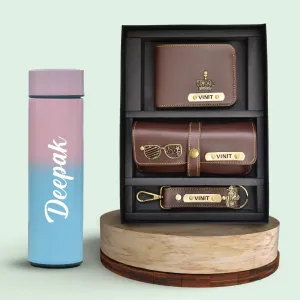 Customized Bottle with Temperature display - Pastel Shade 1 & All in One Men's Combo (3 pcs) - Brown