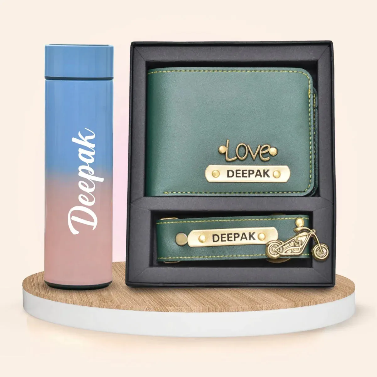 Customized Bottle with Temperature display - Pastel Shade 2 & All in One Men's Combo (2 pcs) - Olive Green