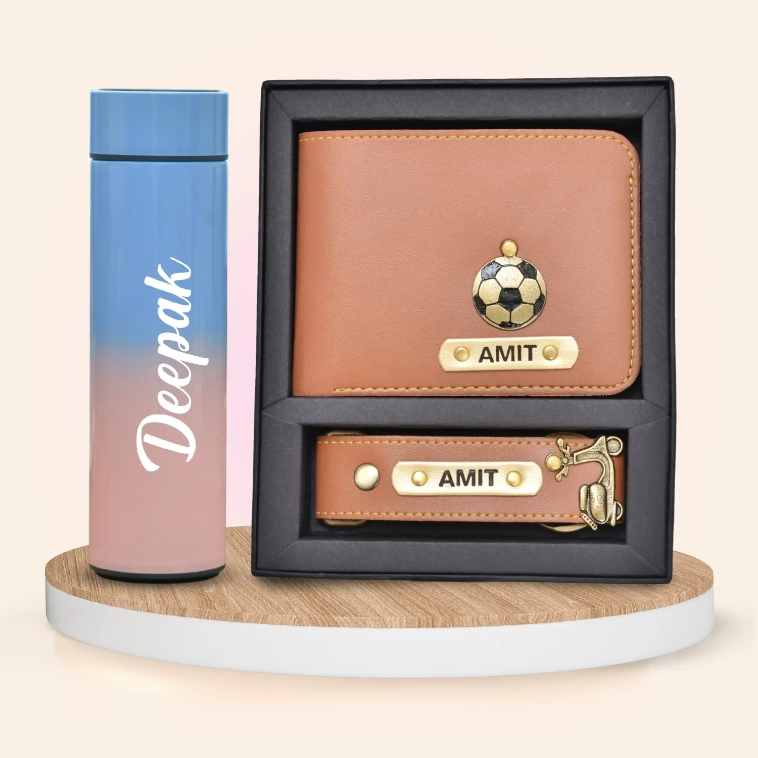 Customized Bottle with Temperature display - Pastel Shade 2 & All in One Men's Combo (2 pcs) - Tan