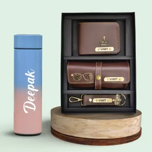 Customized Bottle with Temperature display - Pastel Shade 2 & All in One Men's Combo (3 pcs) - Brown