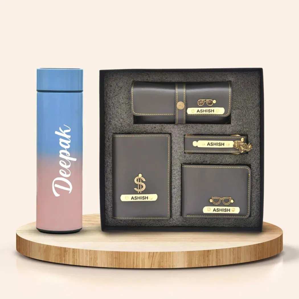 Customized Bottle with Temperature display - Pastel Shade 2 & All in One Men's Combo (4 pcs) - Grey