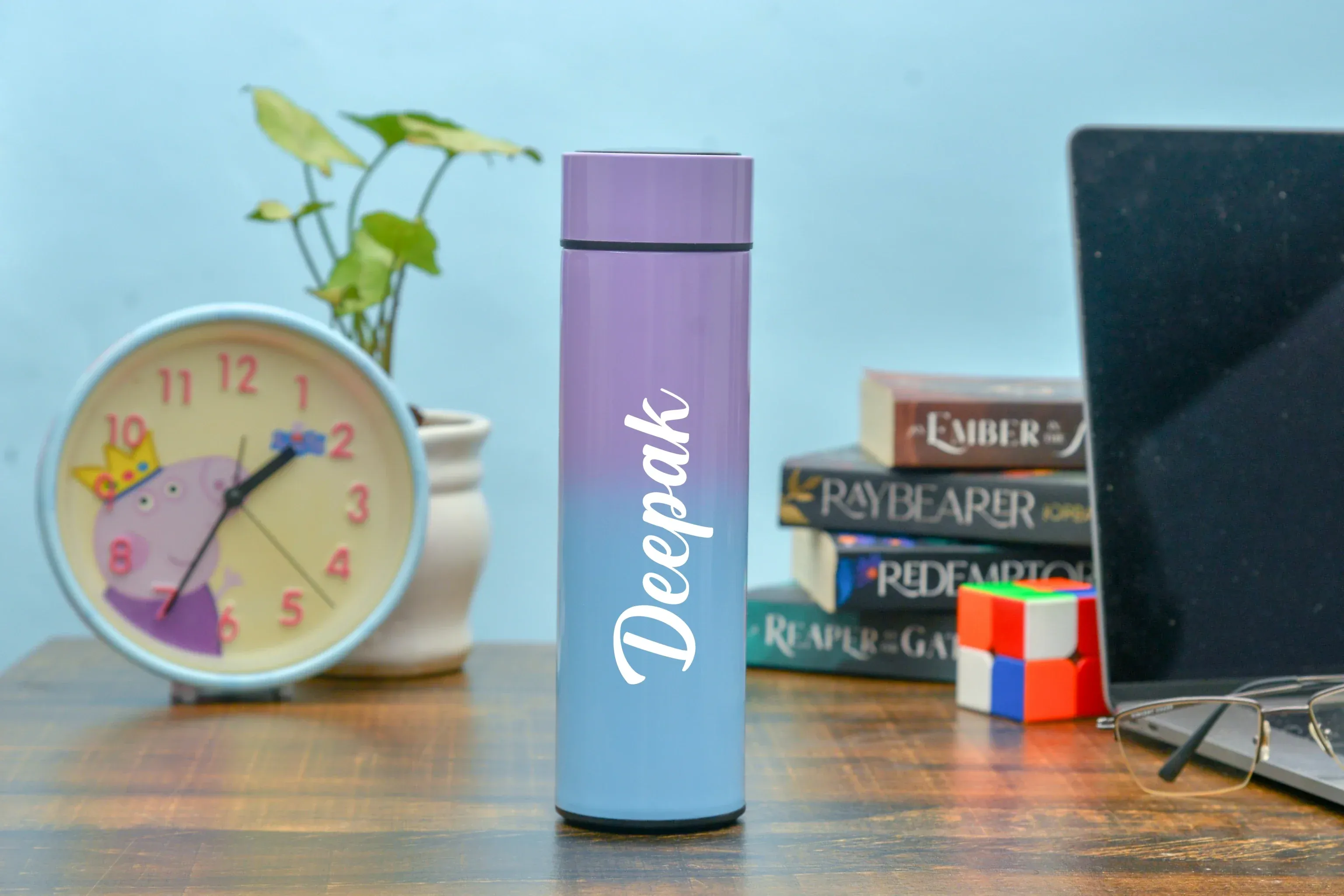 Customized Bottle with Temperature display - Pastel Shade 3 & All in One Men's Combo (2 pcs) - Royal Blue
