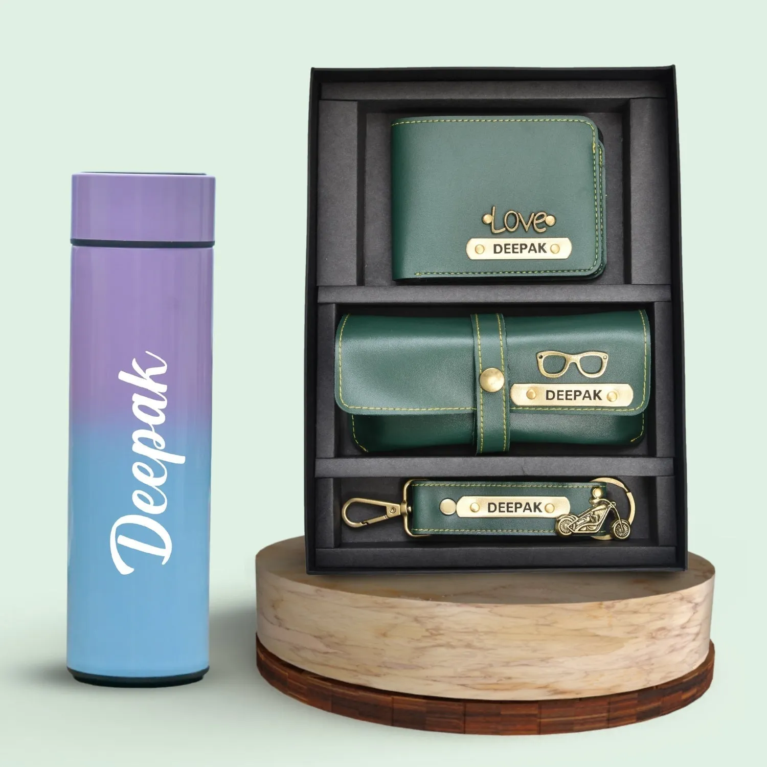 Customized Bottle with Temperature display - Pastel Shade 3 & All in One Men's Combo (3 pcs) - Olive Green