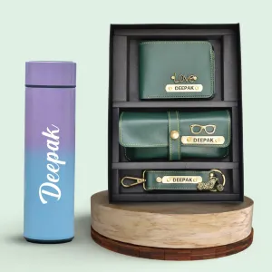 Customized Bottle with Temperature display - Pastel Shade 3 & All in One Men's Combo (3 pcs) - Olive Green