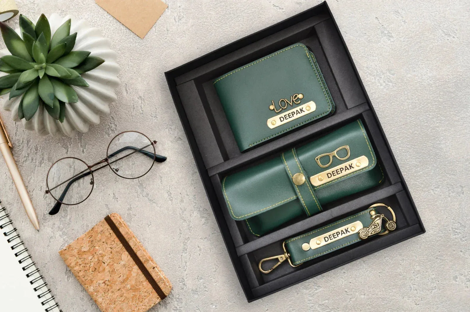 Customized Bottle with Temperature display - Pastel Shade 3 & All in One Men's Combo (3 pcs) - Olive Green