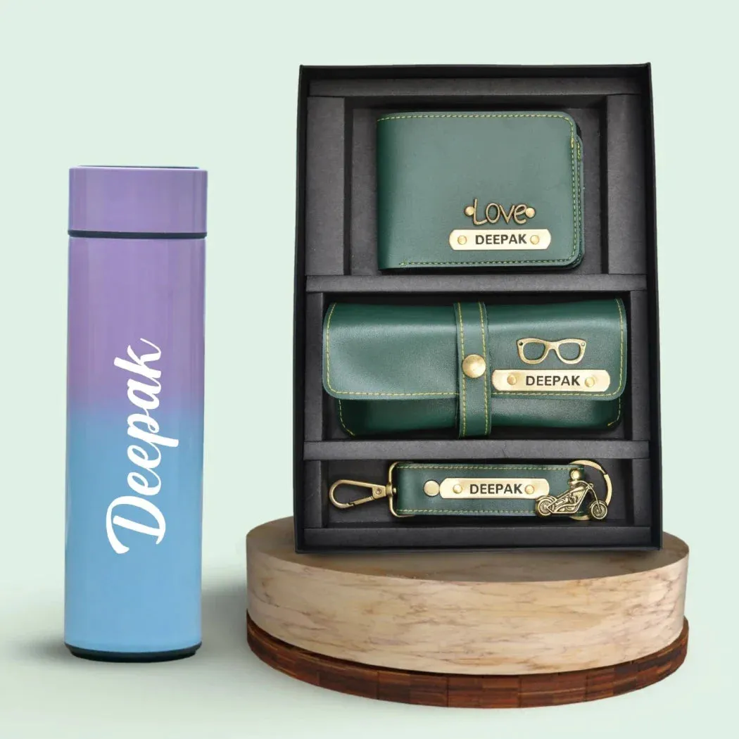 Customized Bottle with Temperature display - Pastel Shade 3 & All in One Men's Combo (3 pcs) - Olive Green