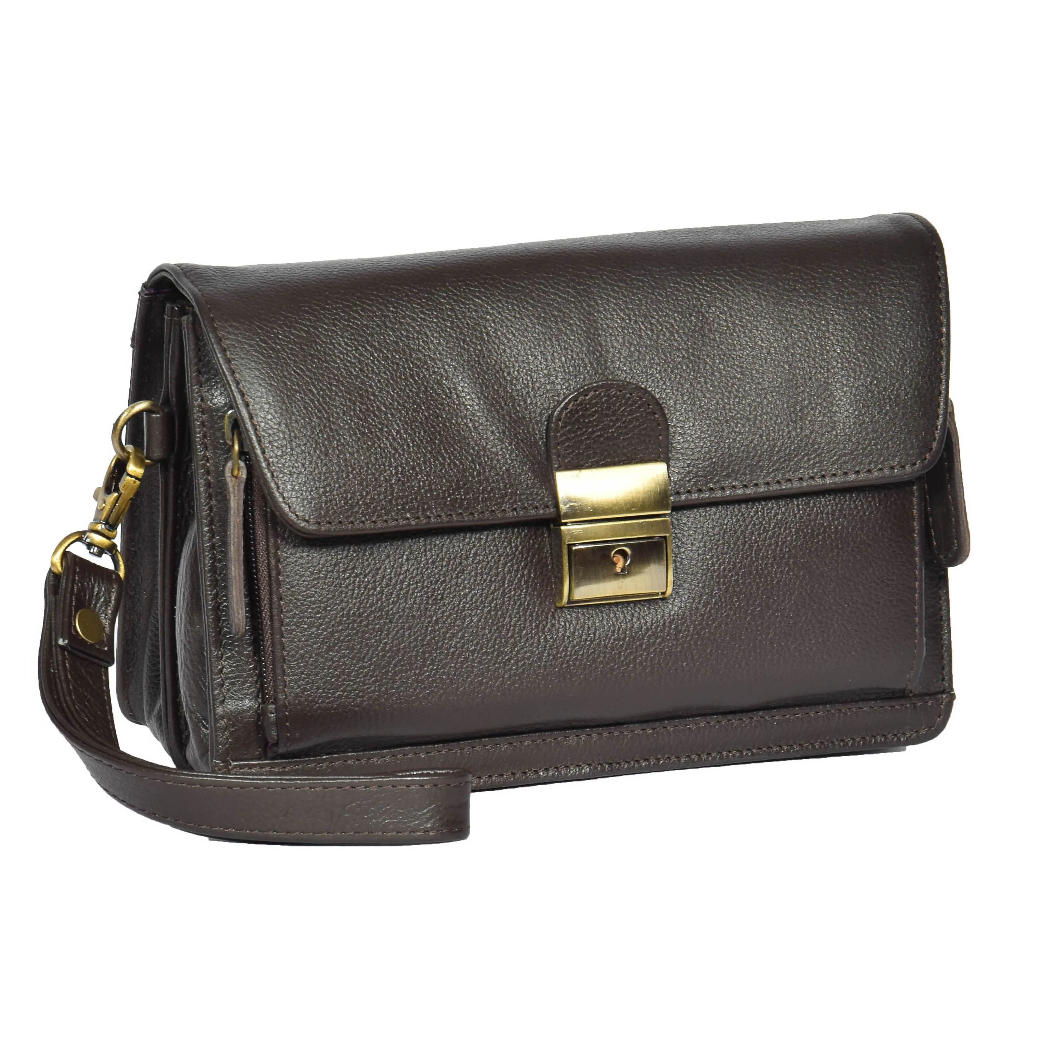 DR314 Lockable Leather Wrist Bag Brown
