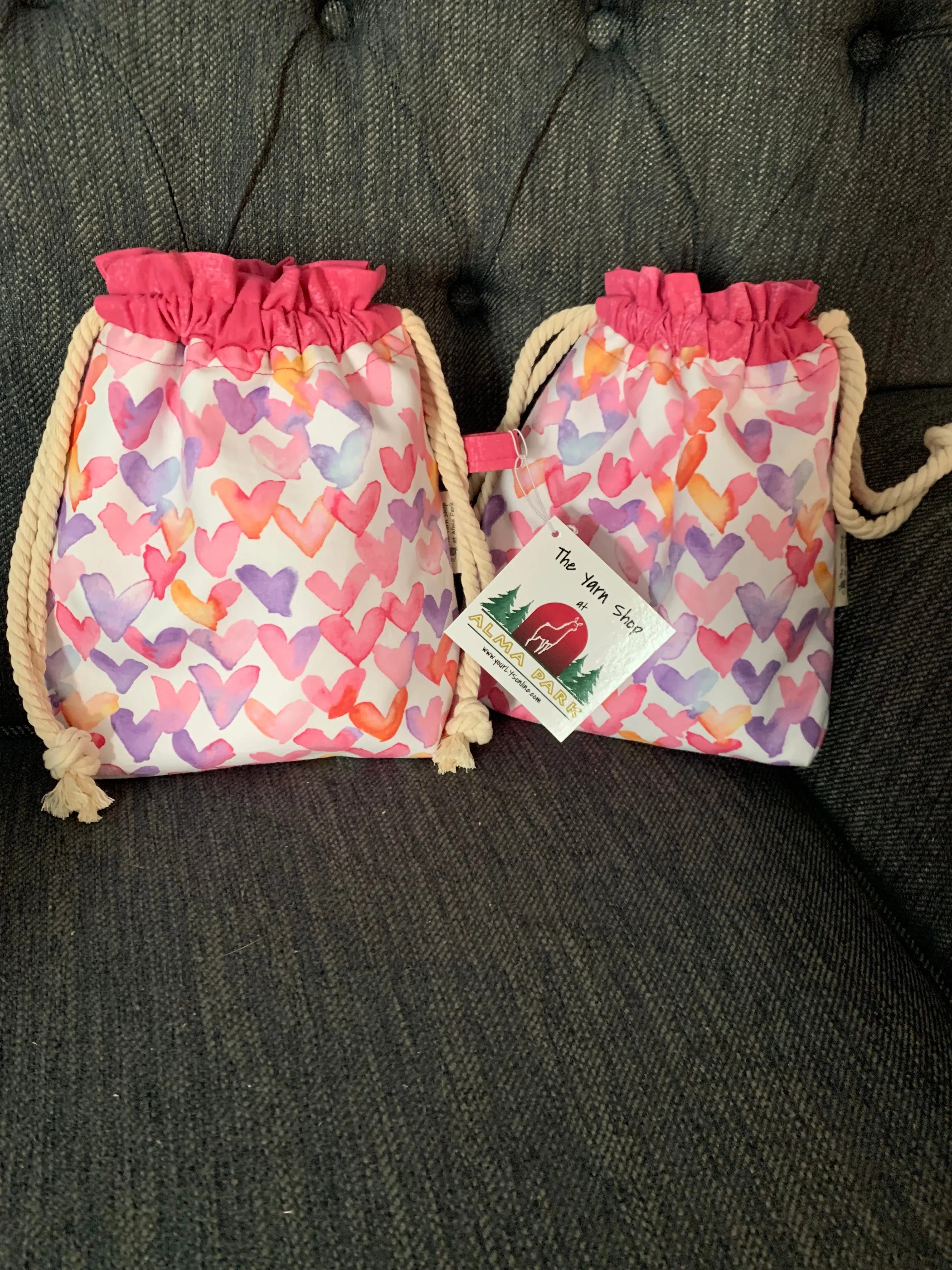 Drawstring Project Bag by Rose (MEDIUM) - PASTEL HEARTS with Bright Pink