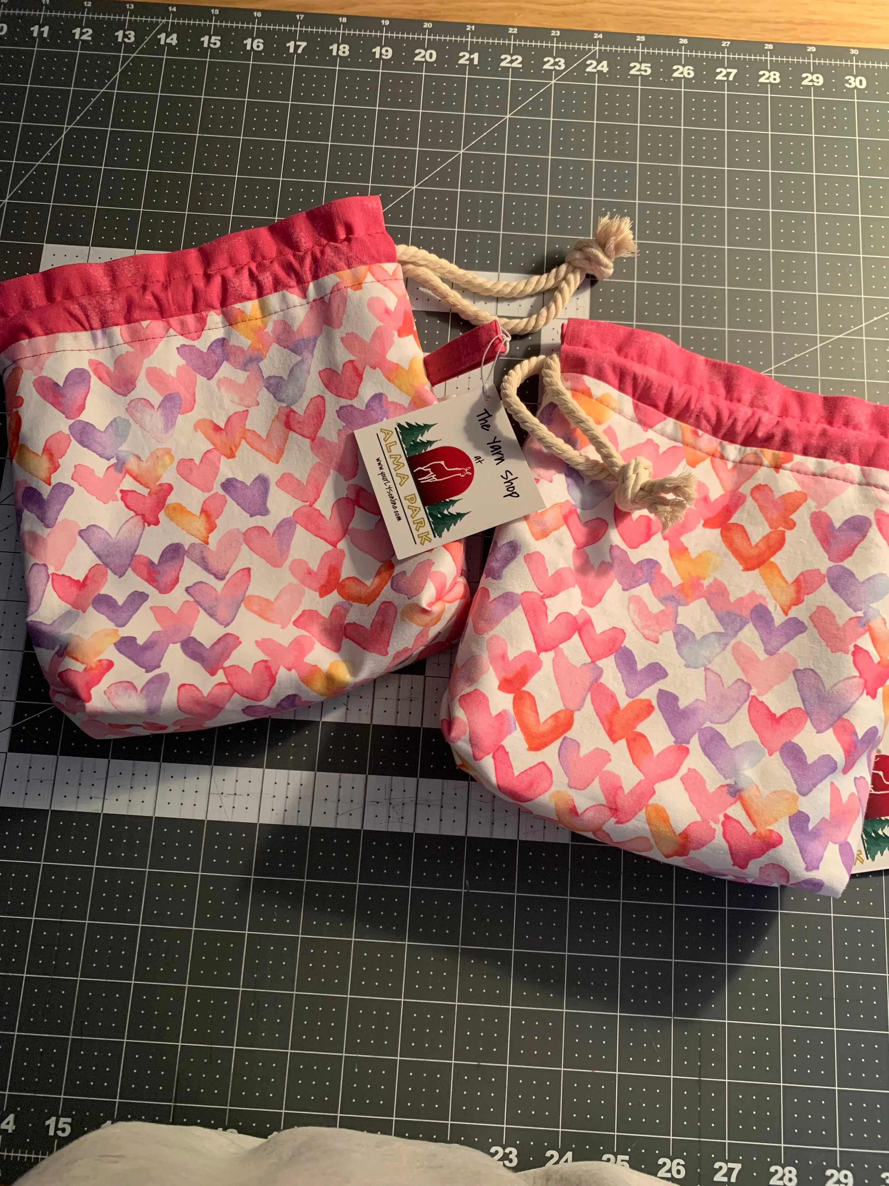 Drawstring Project Bag by Rose (MEDIUM) - PASTEL HEARTS with Bright Pink