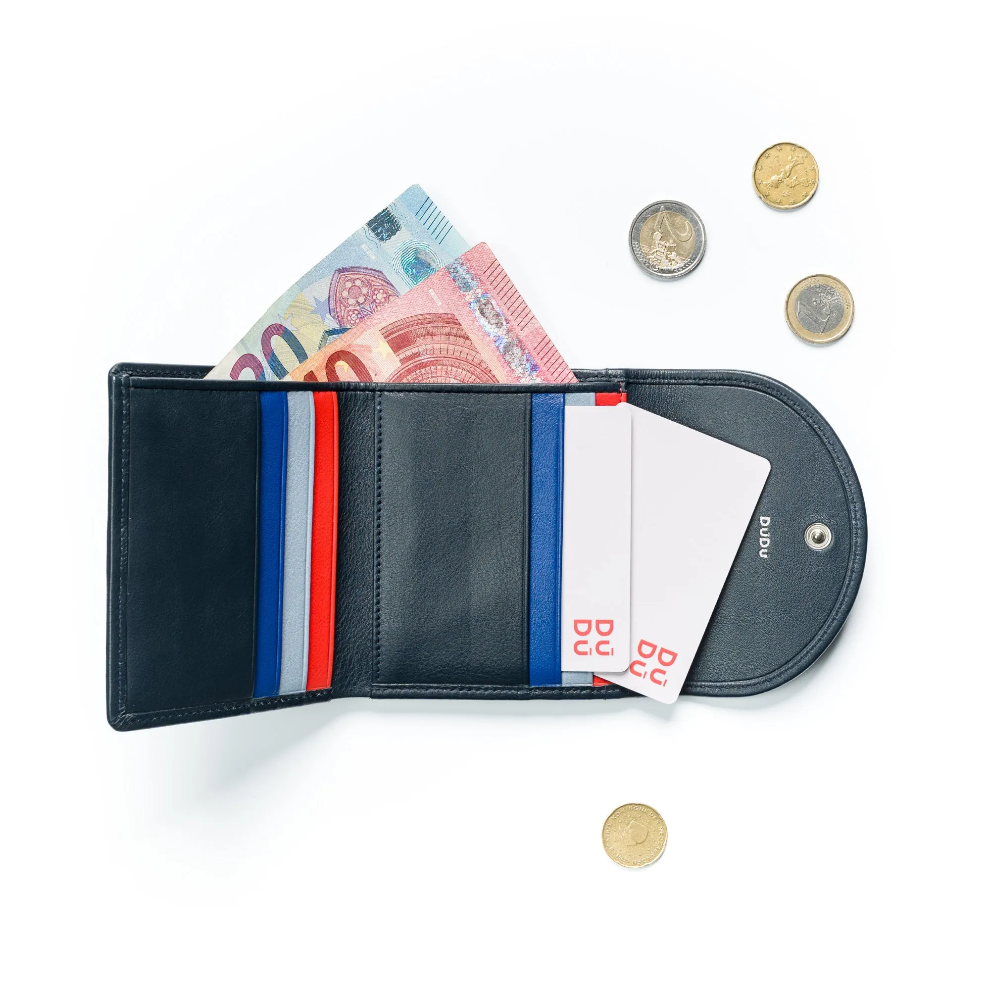 Dudu Women's Wallet In Small Soft Leather Small, Carecarter Pockets, Banknotes holder, Rear zipper For Coins, RFID wallets with colored button closure