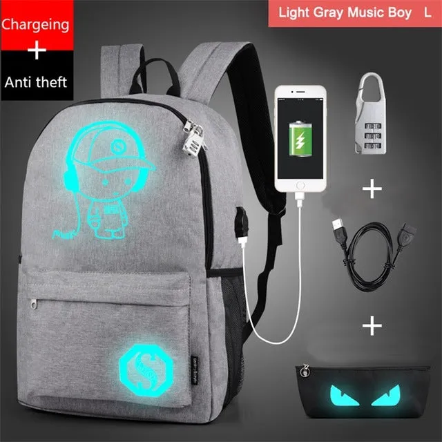 Fashion Noctilucent Cartoon Men's Backpack Teenagers School Night Lighting Bags with free USB Pen Bag Antitheft Lock Backpack