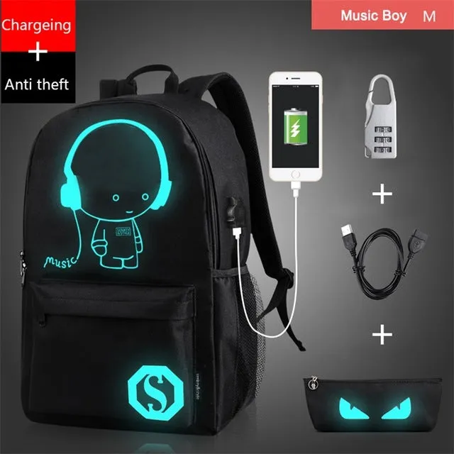 Fashion Noctilucent Cartoon Men's Backpack Teenagers School Night Lighting Bags with free USB Pen Bag Antitheft Lock Backpack