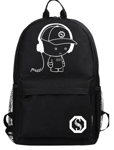Fashion Noctilucent Cartoon Men's Backpack Teenagers School Night Lighting Bags with free USB Pen Bag Antitheft Lock Backpack
