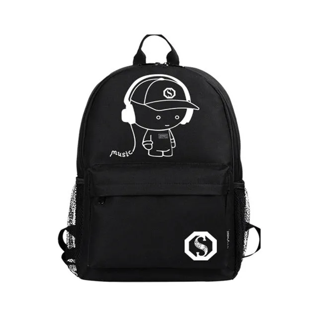 Fashion Noctilucent Cartoon Men's Backpack Teenagers School Night Lighting Bags with free USB Pen Bag Antitheft Lock Backpack