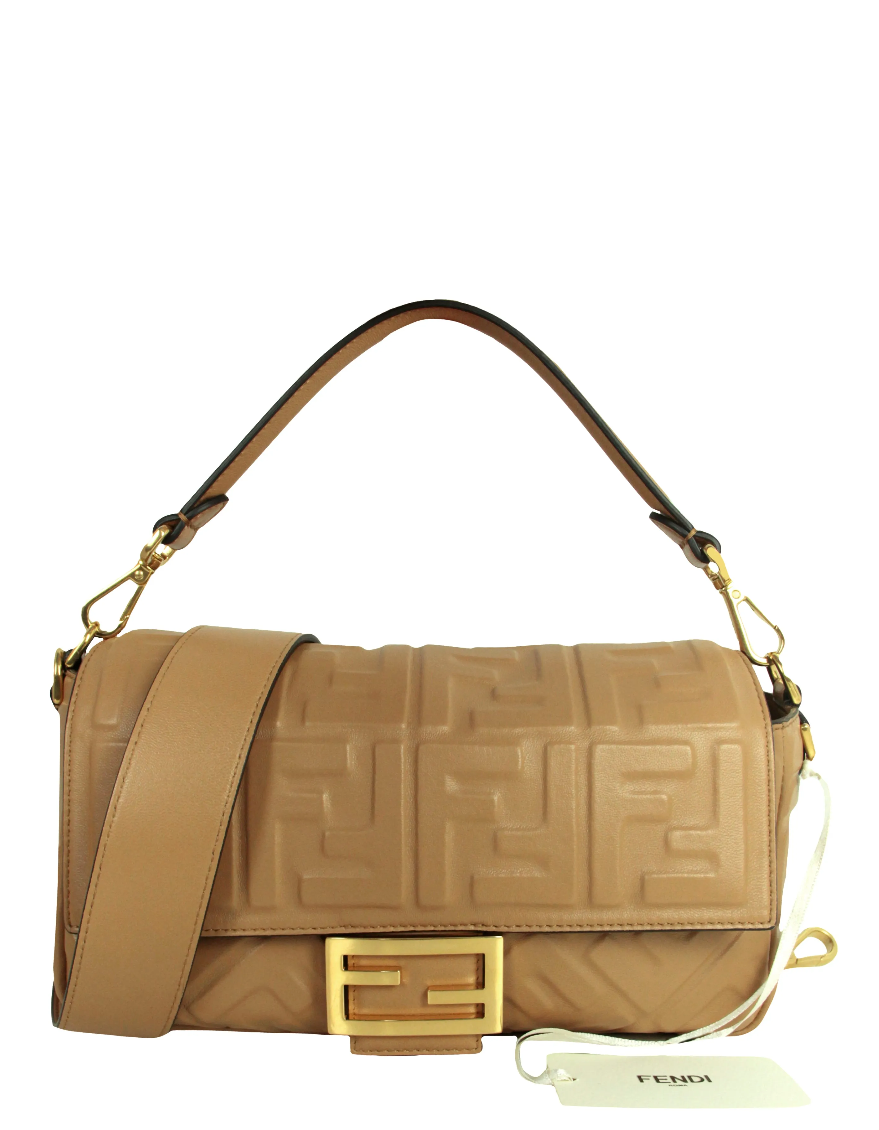 Fendi NWT Beige Embossed Logo FF 1974 Large Baguette NM Bag w/ Two Straps