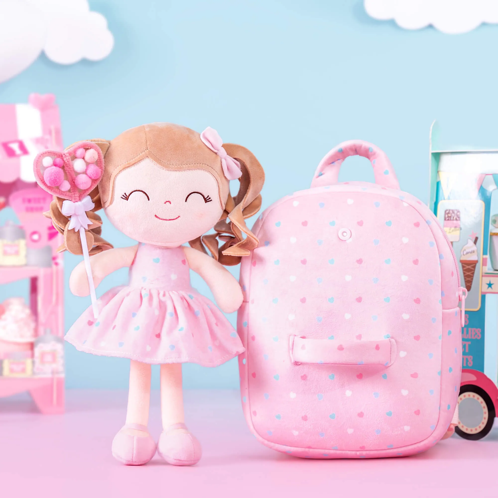 Gloveleya 9-inch Personalized Spring Girl Love Heart Dolls Backpacks Pink