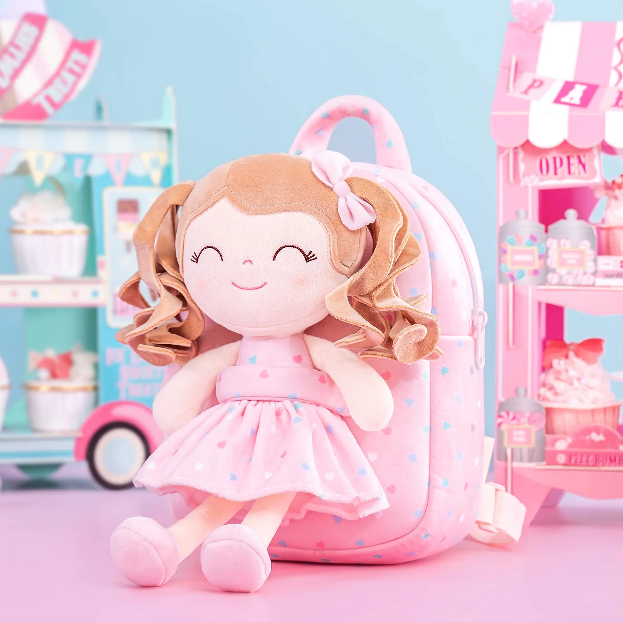 Gloveleya 9-inch Personalized Spring Girl Love Heart Dolls Backpacks Pink