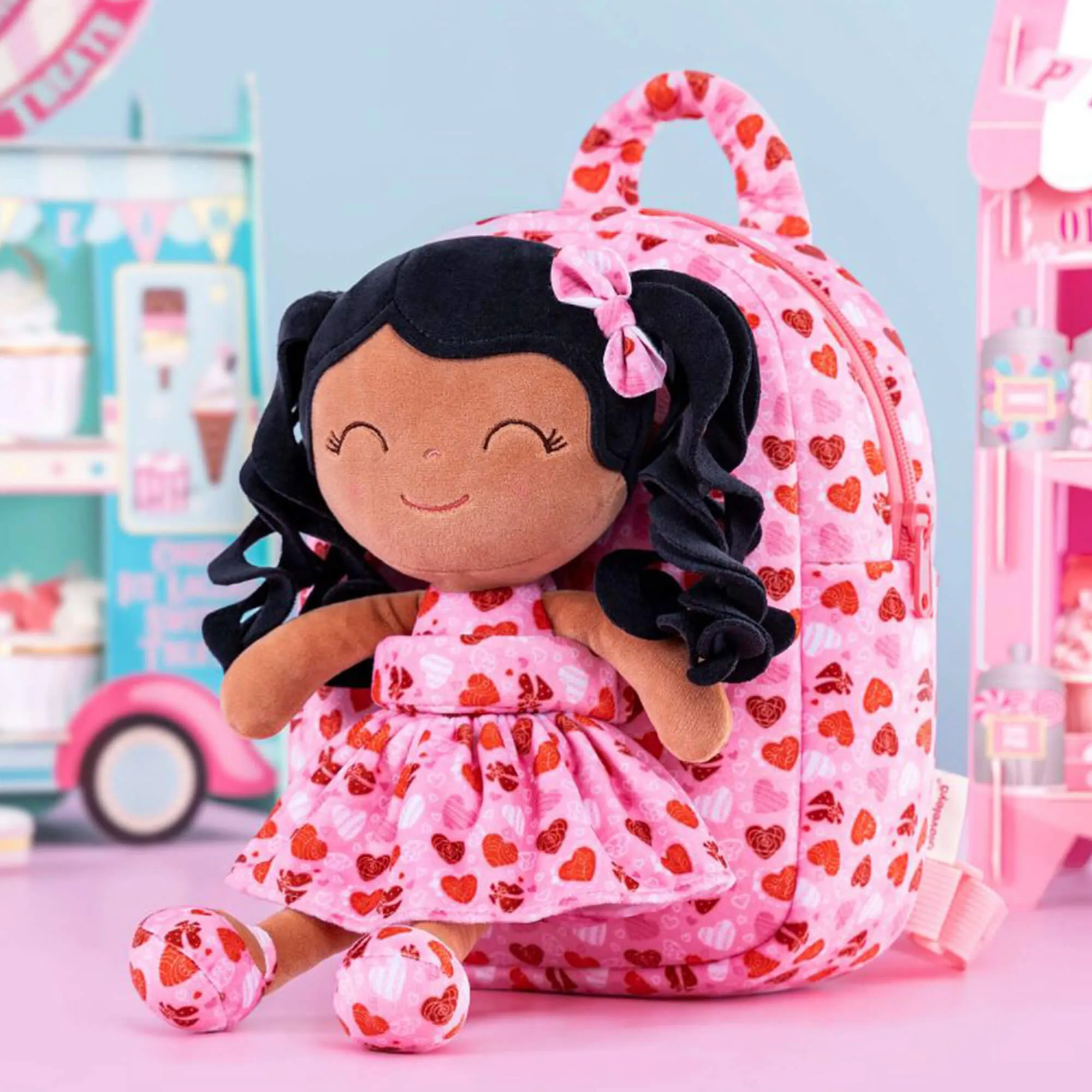 Gloveleya 9-inch Toddler Backpack Spring Girl Love Heart Dolls Backpacks Tanned Pink