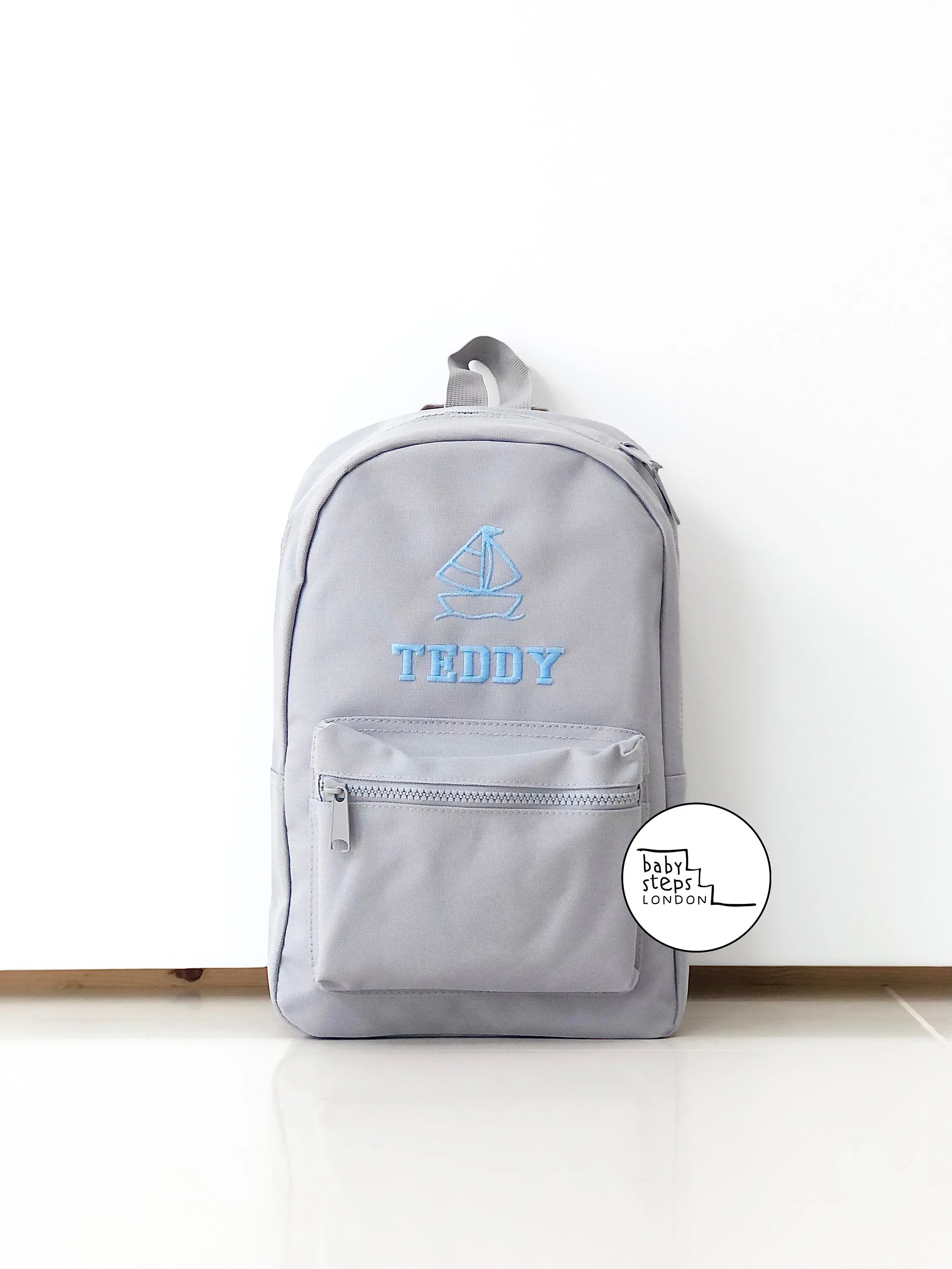 (Grey) Personalised Name Unisex Mini Nursery School Backpack Rucksack Bag