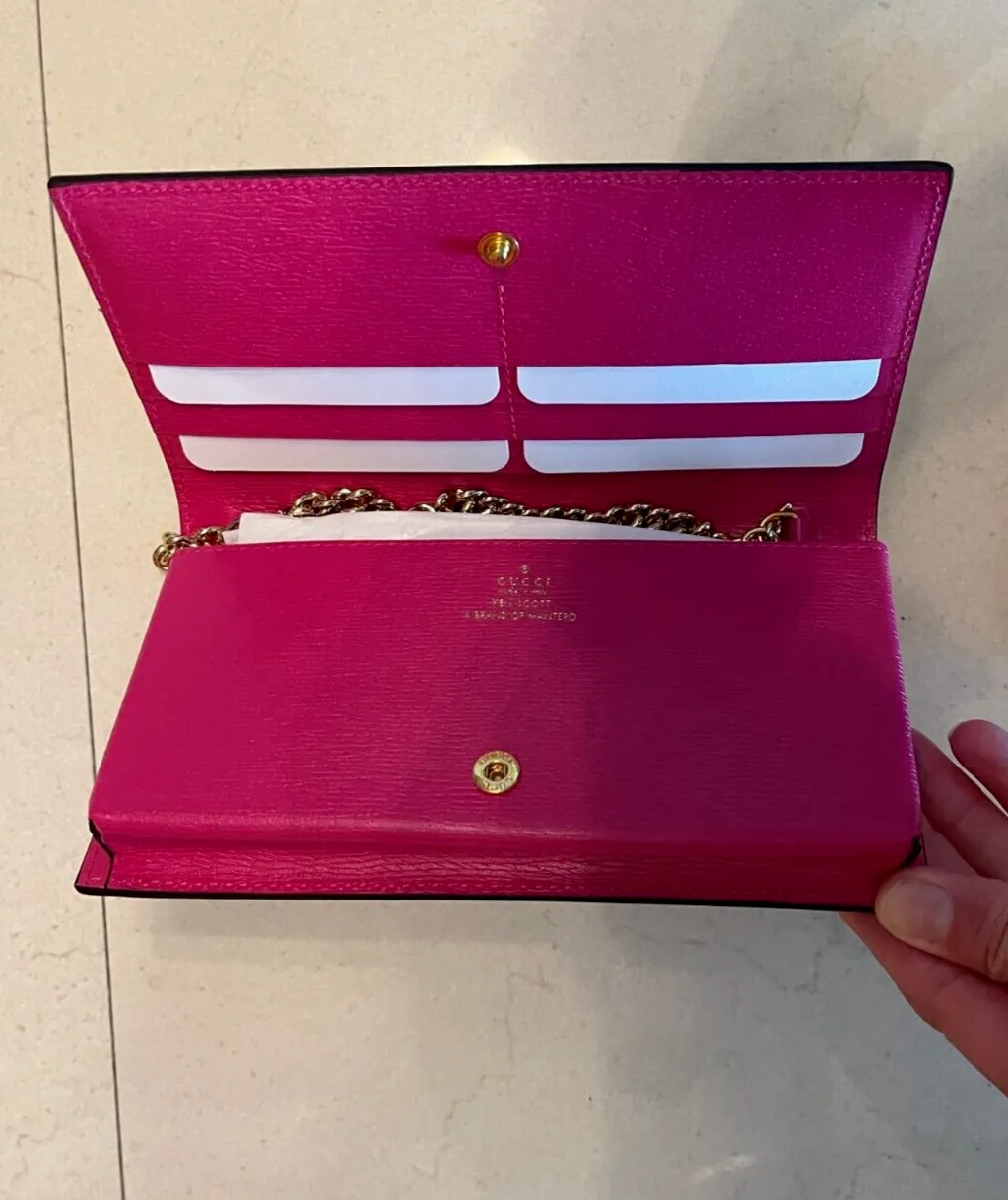 Gucci Floral Horsebit Gold Crossbody Long Wallet Leather Pink Italy Handbag New