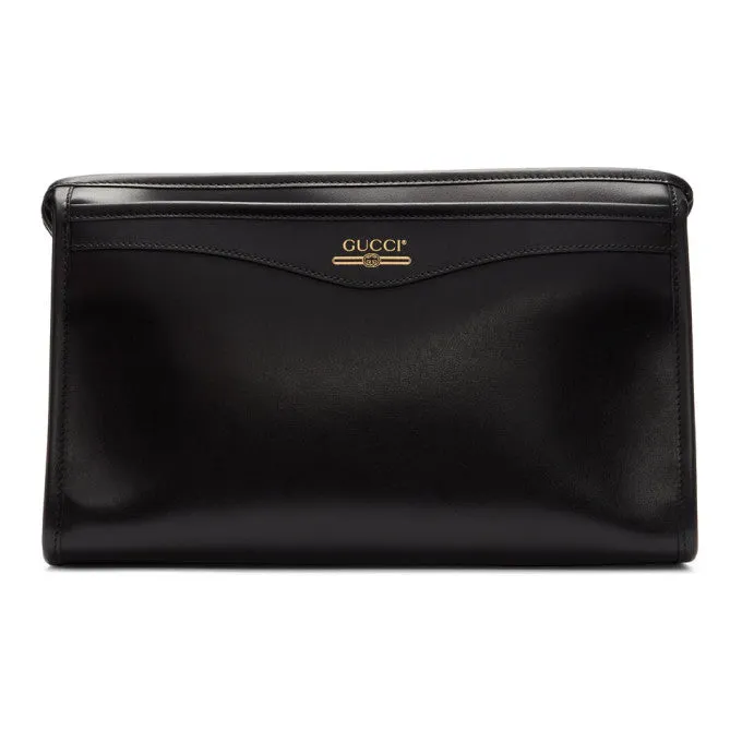 Gucci Metallic Print Logo Smooth Leather Clutch in Black
