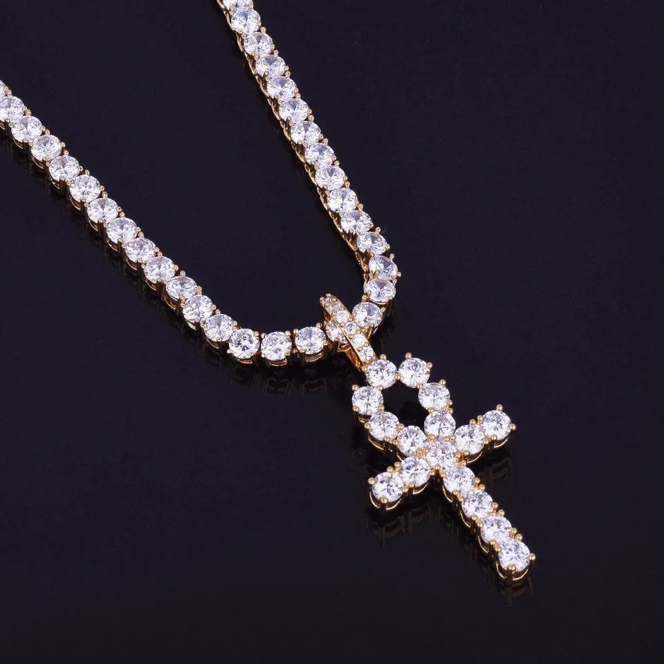 Iced Zircon Ankh Cross With 4mm Tennis Chain Necklace Set Me Hip hop Jewelry AAA CZ Key of Life Egypt Pendant Necklace Set,cz ankh bling