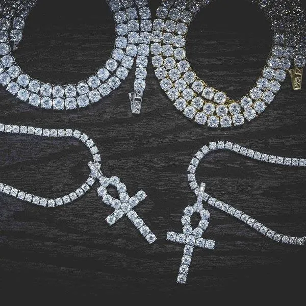Iced Zircon Ankh Cross With 4mm Tennis Chain Necklace Set Me Hip hop Jewelry AAA CZ Key of Life Egypt Pendant Necklace Set,cz ankh bling