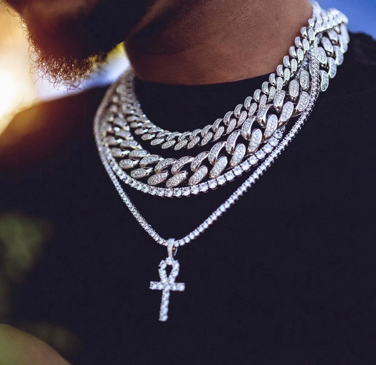 Iced Zircon Ankh Cross With 4mm Tennis Chain Necklace Set Me Hip hop Jewelry AAA CZ Key of Life Egypt Pendant Necklace Set,cz ankh bling
