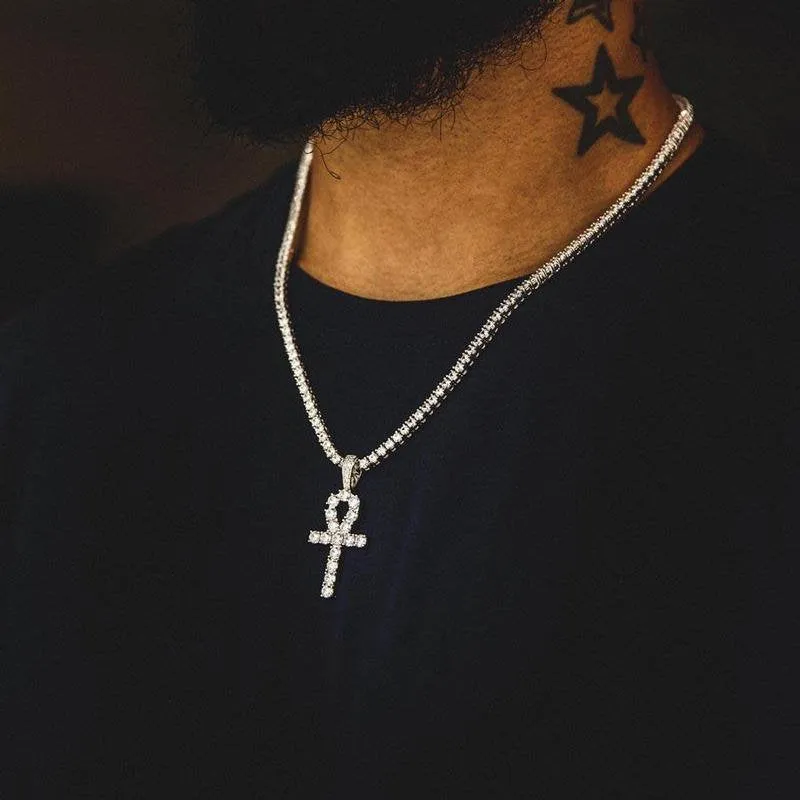 Iced Zircon Ankh Cross With 4mm Tennis Chain Necklace Set Me Hip hop Jewelry AAA CZ Key of Life Egypt Pendant Necklace Set,cz ankh bling