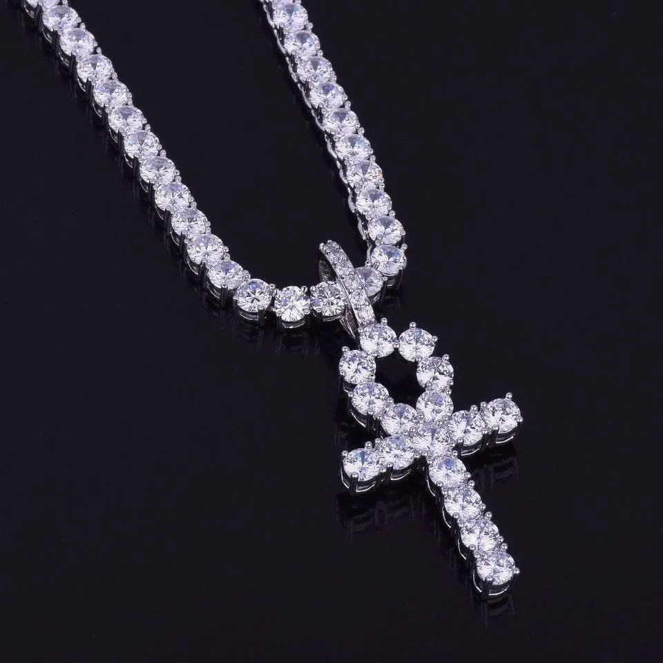 Iced Zircon Ankh Cross With 4mm Tennis Chain Necklace Set Me Hip hop Jewelry AAA CZ Key of Life Egypt Pendant Necklace Set,cz ankh bling