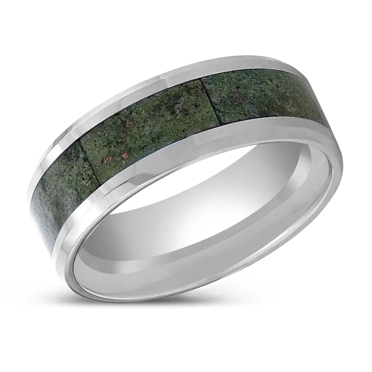 LIBERTY | Tungsten Ring, Green Copper Conglomerate Inlay, Beveled Edges