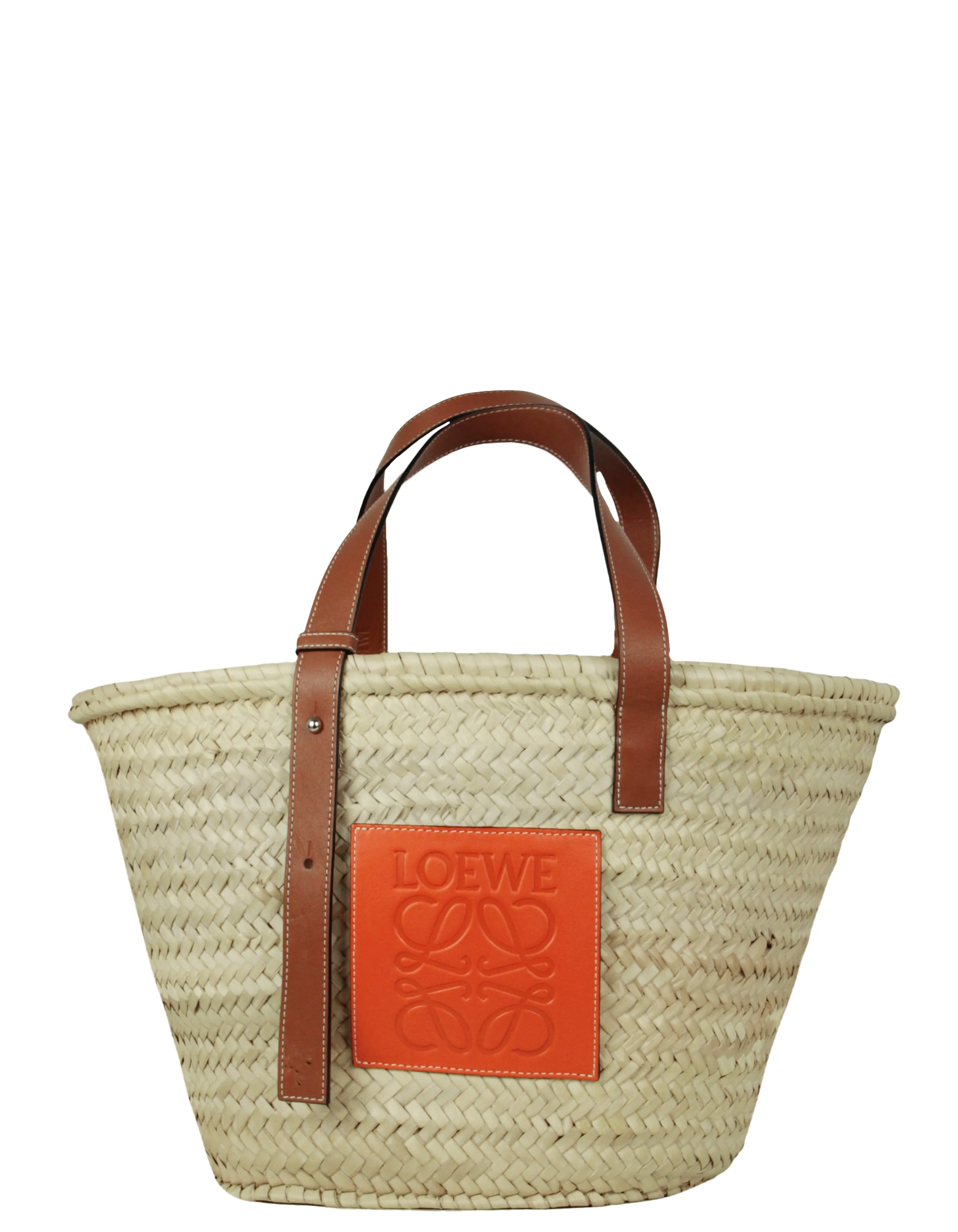 Loewe Natural/Orange Raffia Small Basket Tote Bag