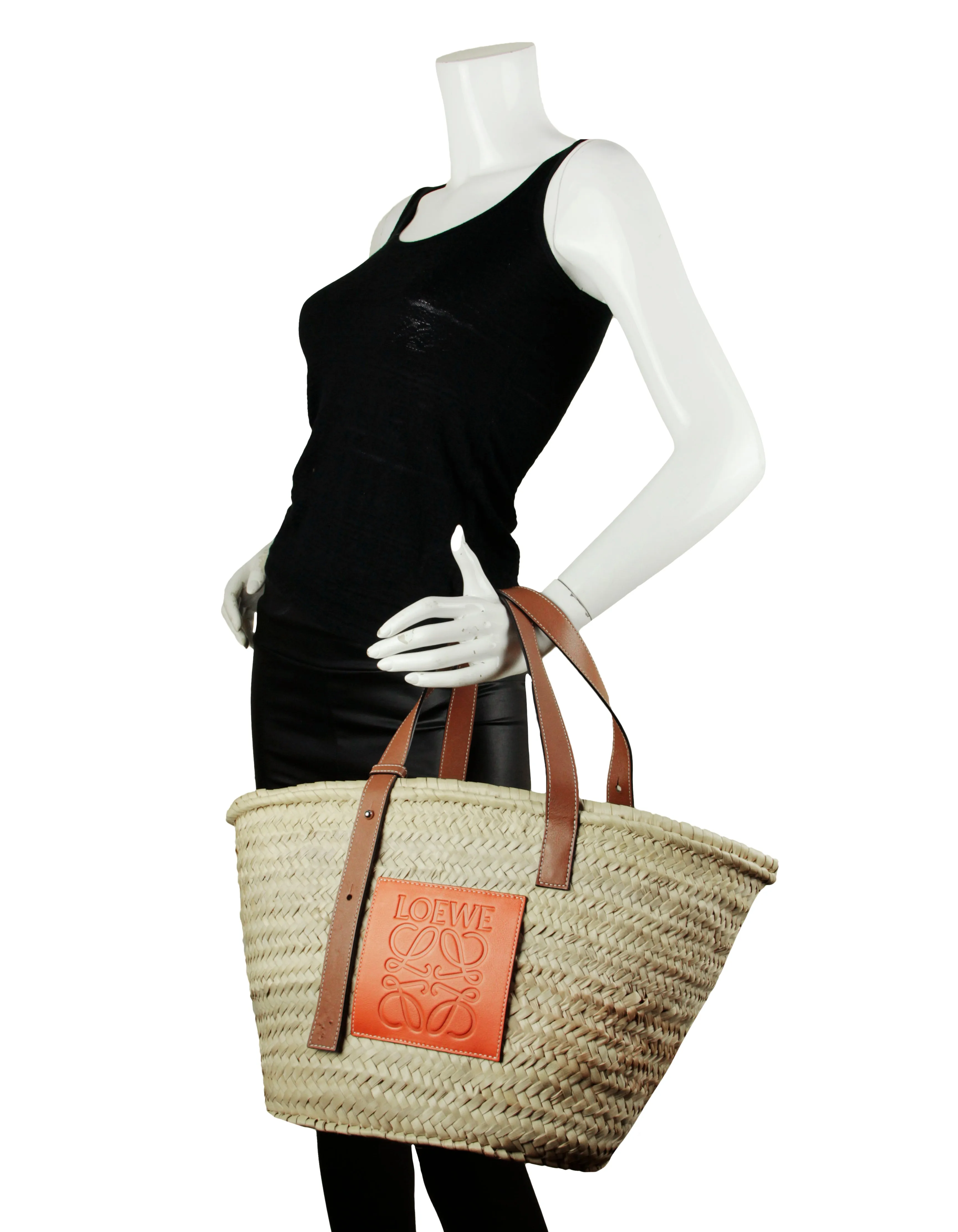 Loewe Natural/Orange Raffia Small Basket Tote Bag